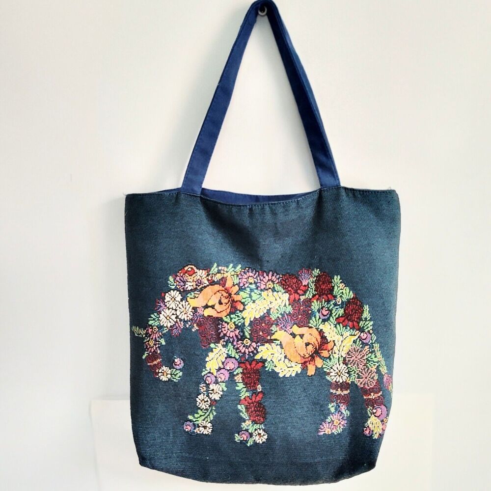 Dark Rinse Large Shopping Tote Bag Floral Elephant Embroidery Colorful Boho Blue